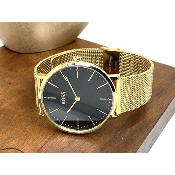 Hugo Boss Men's Watch 1513735 Horizon Quartz Black Dial Gold Steel Mesh … - Picture 7 of 13